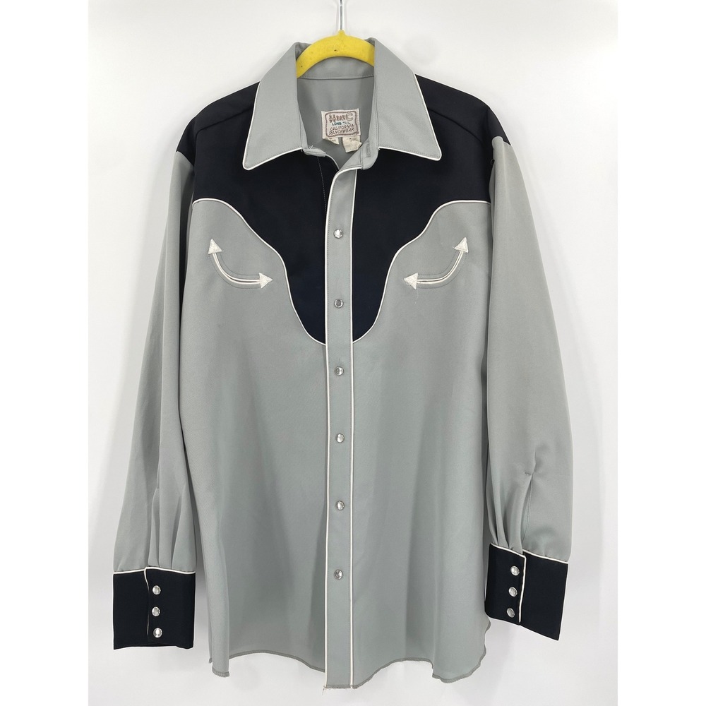 H Bar C Western Shirt Mens L Grey Black Poly Vintage Pearl Snap Cowboy Boho